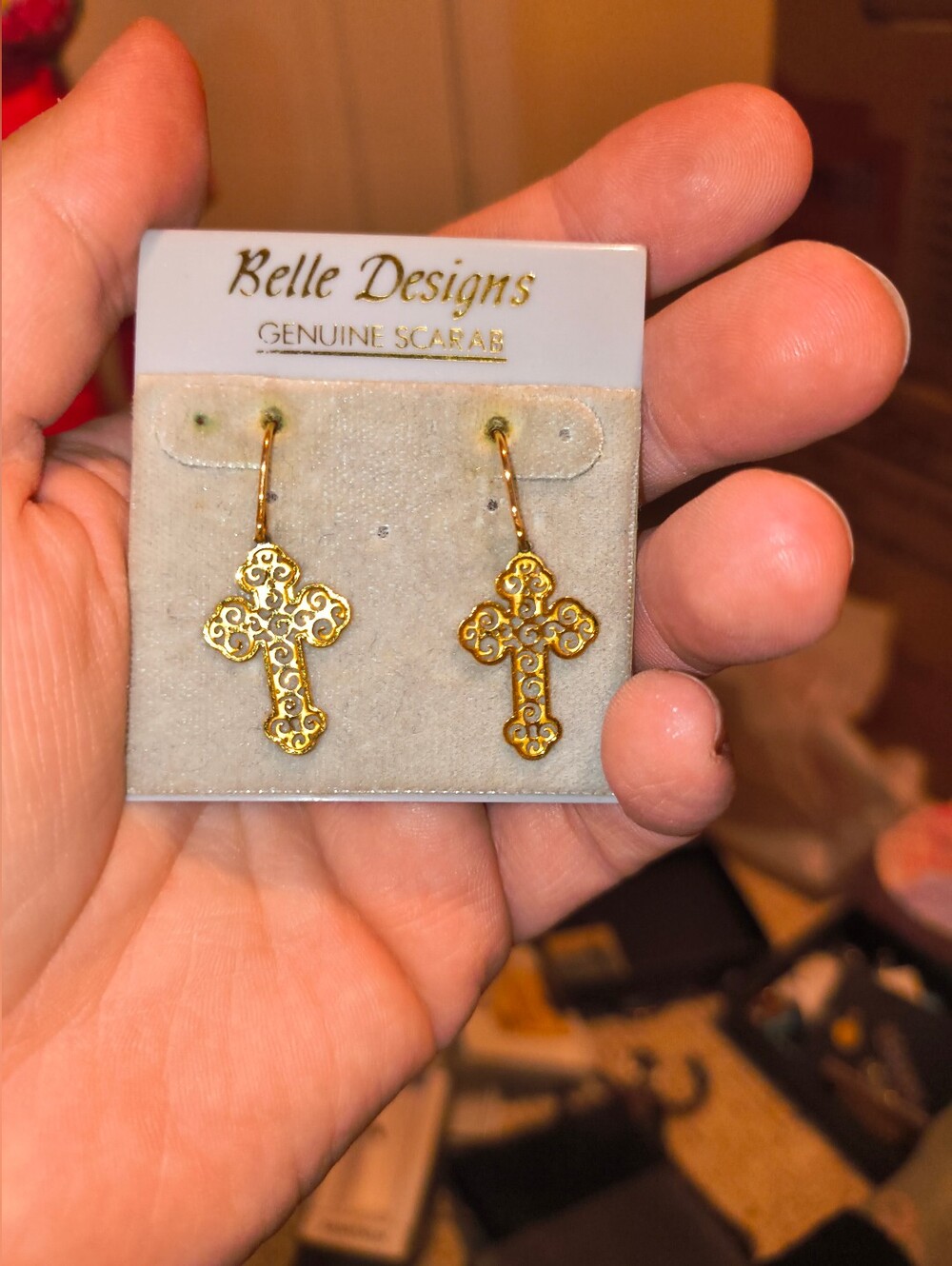 Gold Cross Filigree Drop Earrings